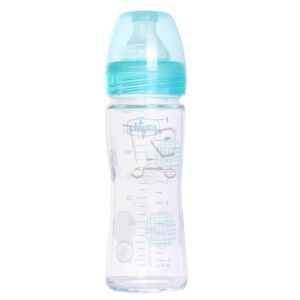 Chicco Biberon Verre Tétine Silicone Flux Lent Bleu 0M+ 240ml