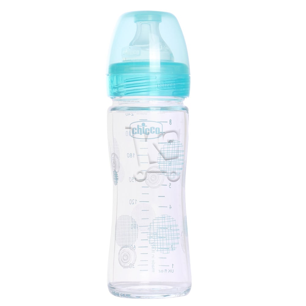 Chicco Biberon Verre Tétine Silicone Flux Lent Bleu 0M+ 240ml